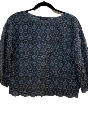 COSMO Slate Blue Sheer Lace Medallion Italian 1/2 Length Top Sz XS